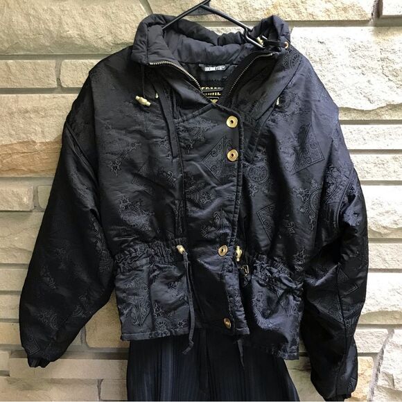 Vintage Obermeyer 2 pc Ski Jacket Pants Ski Suit Black Brocade Gold 80s 12P - Picture 4 of 16